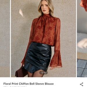 Commense Rust Floral Chiffon Blouse with Bell Sleeves